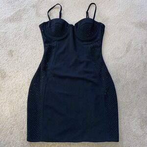 WINDSOR CLUB CHIC HEAT STONE BLACK LINED MINI DRESS CLUB WEAR WOMEN'S SIZE S